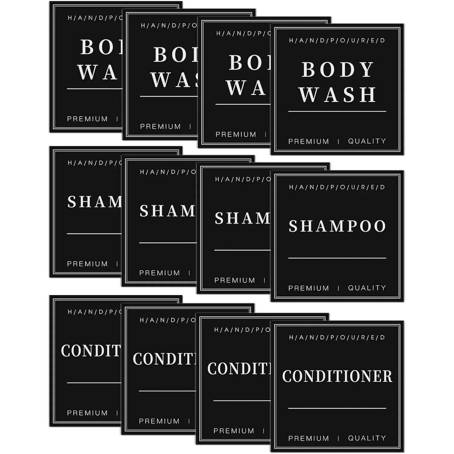 12 Pcs Minimalist Bathroom Organization Labels - Easy to Read, Preprinted Waterproof Stickers for Shampoo, Conditioner, Body Wash, Soap Dispensers, Glass/Plastic Bottles (Black, 3"x3"/7.5cm)