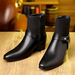 Men Heeled Boots With Zippers Pu Leather Walking Shoes Comfort Ankle Boots Training Gym