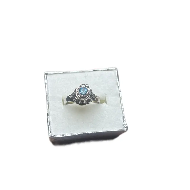 Sterling silver vintage style aquamarine heart hidden lock ring size 6