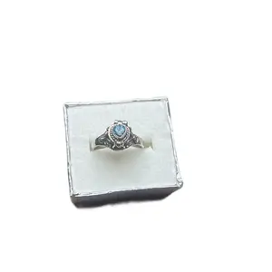 Sterling silver vintage style aquamarine heart hidden lock ring size 6