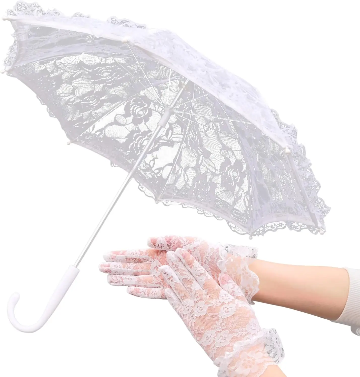 Mini White/Pink Lace Parasol with Floral Gloves, Vintage Lace Umbrella for Wedding Decor, Tea Party & Photography Props(Gift)