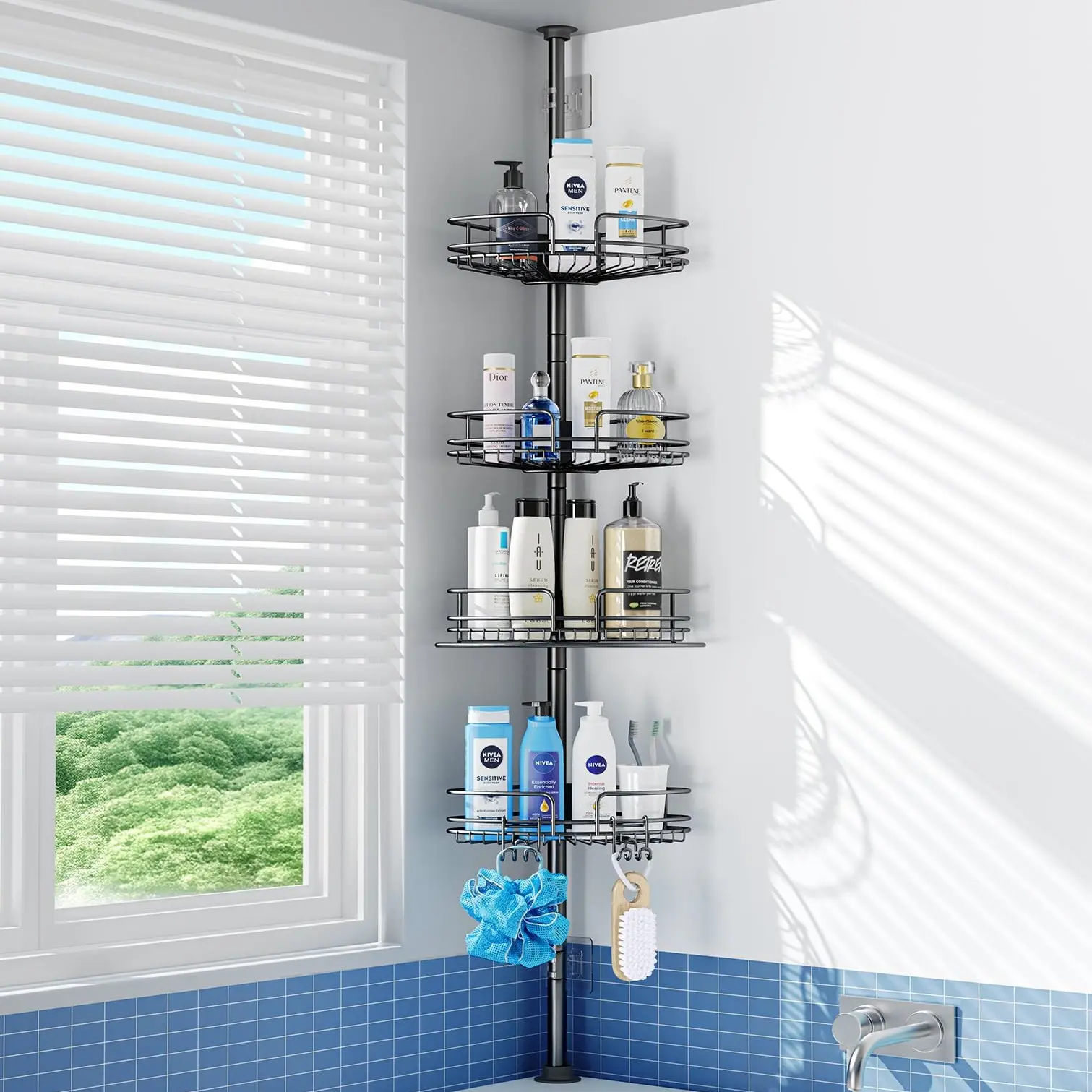 PKBD 4-Tier Rustproof Telescopic Corner Shower Caddy - Black Modern Indoor Shower Rack, No Drilling Ceiling/Floor Storage, Height Adjustable 58.5-317.5 cm with 4 Large Capacity Baskets