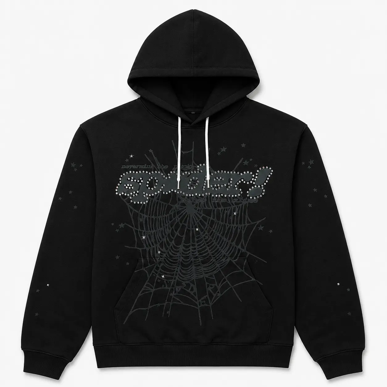 Sp5der Rhinestone Spider Web Graphic Hoodie, Y2K Streetwear Pullover Sweatshirt, Oversized Gothic Unisex Hoodie