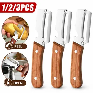 2-in-1 Vegetable Peeler & Bottle Opener, Stainless Steel Potato Peeler with Wooden Handle, Multi-Use Kitchen Peeling Tool for Fruits & Vegetables, Kitchen Peeling Utensils, Kitchen Gadgets, 1/2/3PCS