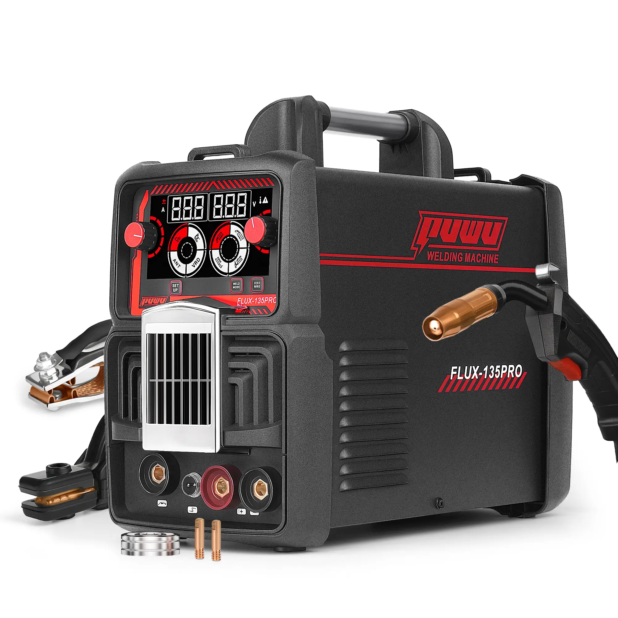Puwu 135A 110V MIG Welder,Flux Core Welder with Flux MIG/Lift TIG/Stick 3-in-1 IGBT Inverter LED Digital Display Gasless Welder