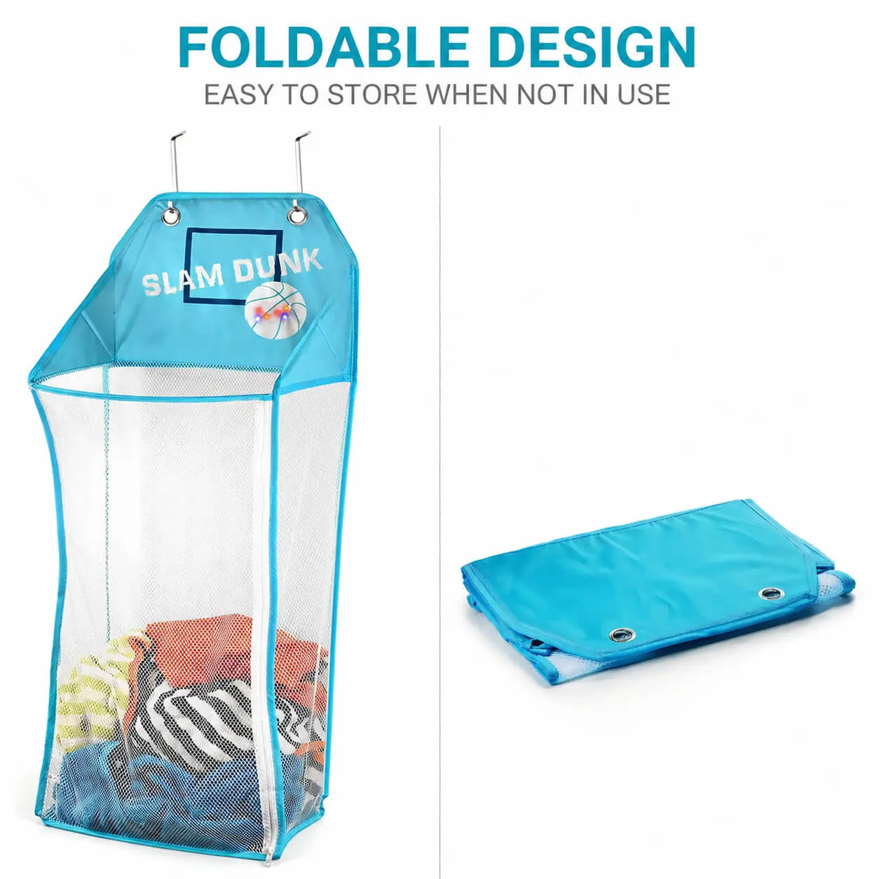 Kids LED Light-Up Rectangular Fabric Laundry Hamper - Over-The-Door Space-Saving Collapsible Mesh Toy Storage Basket with Heavy-Duty Metal Hooks