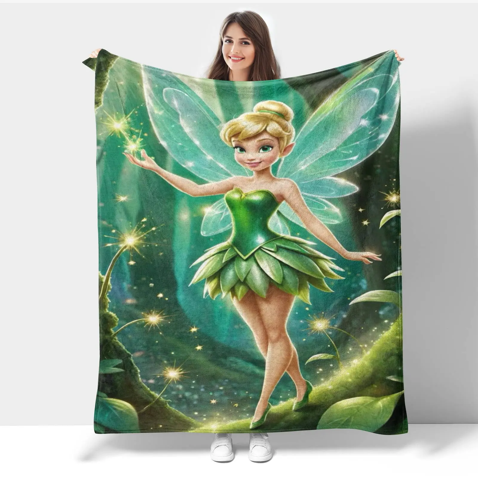 Tinker Bell Classic Single-Side Print Cotton Crochet Weave Microfibre Soft Blanket - 80in x 60in, Wrinkle Resistant, Breathable, Durable, All Seasons, Lightweight, Machine Washable, General Use for Adults (Sofa, Bed)