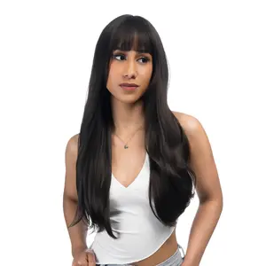 24-Inch Solid Dark Chocolate Brunette Brown Barely Wavy Straight Layered Cut Synthetic Wig | 【Heat Resistant】【Cap Included】 | FSGA