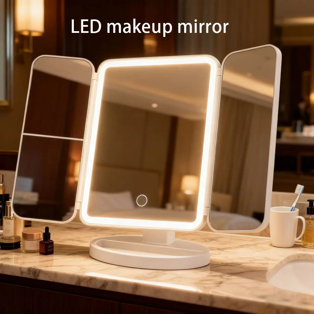 Tri-Fold LED Lighted Vanity Makeup Mirror, Trifold Mirror, Minimalist Simple Style, Lightweight, Adjustable Light Levels, Foldable Base, Ideal for Home Vanity, Office Desk, Dorm Table Use