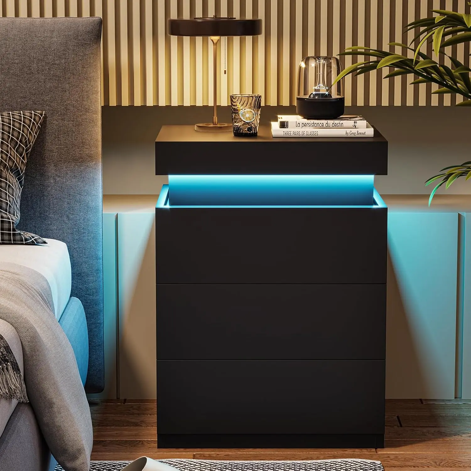 Nightstand with Charging Station and LED Lights, Night Stand with Sliding Top & 3 Drawers, Modern End Side Table for Bedroom, Easy Assembly, Home Furniture, Dorm Essentials