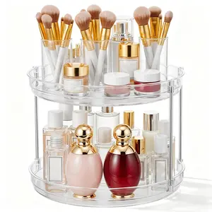 Rotating Makeup Organizer for Vanity, 2 Tier Perfume Skincare Organizers and Storage for Bathroom Countertop, Clear Spinning Counter Cosmetic Holder for Dresser