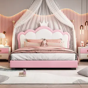 Full Size Princess Bed Frame with Crown Headboard, PU Upholstered Full Platform Bed with Slat Supports, Full Size Bed Frame, No Box Spring Needed