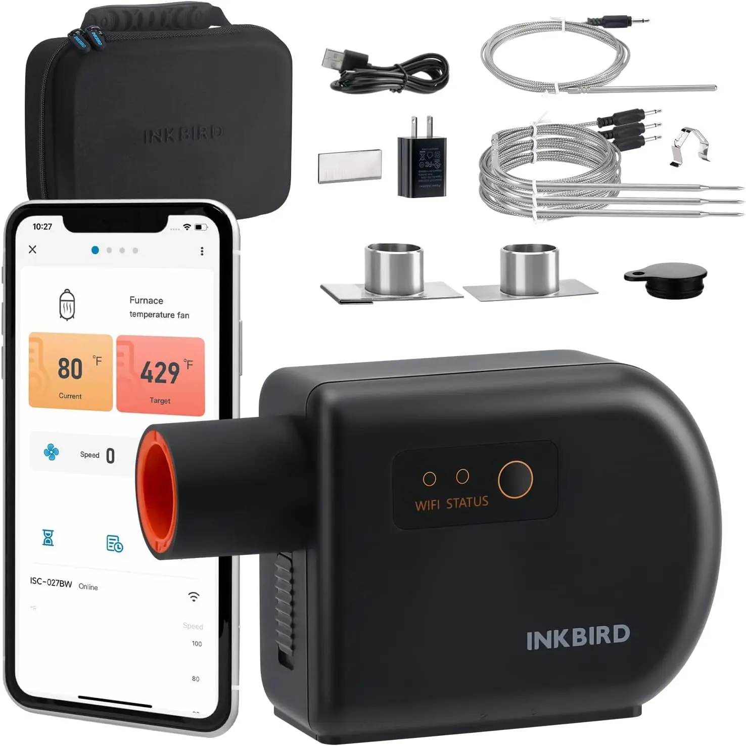 INKBIRD Wireless Meat Thermometer - Kitchen Gadgets, High-Accuracy Food-Grade Stainless Steel Probes, Calibration, Dual Mode, Bluetooth, Automatic Smoking Fan Controller, Safe Alarm, 5V, Waterproof, for Oven Cooking & Grilling (Batteries Included)