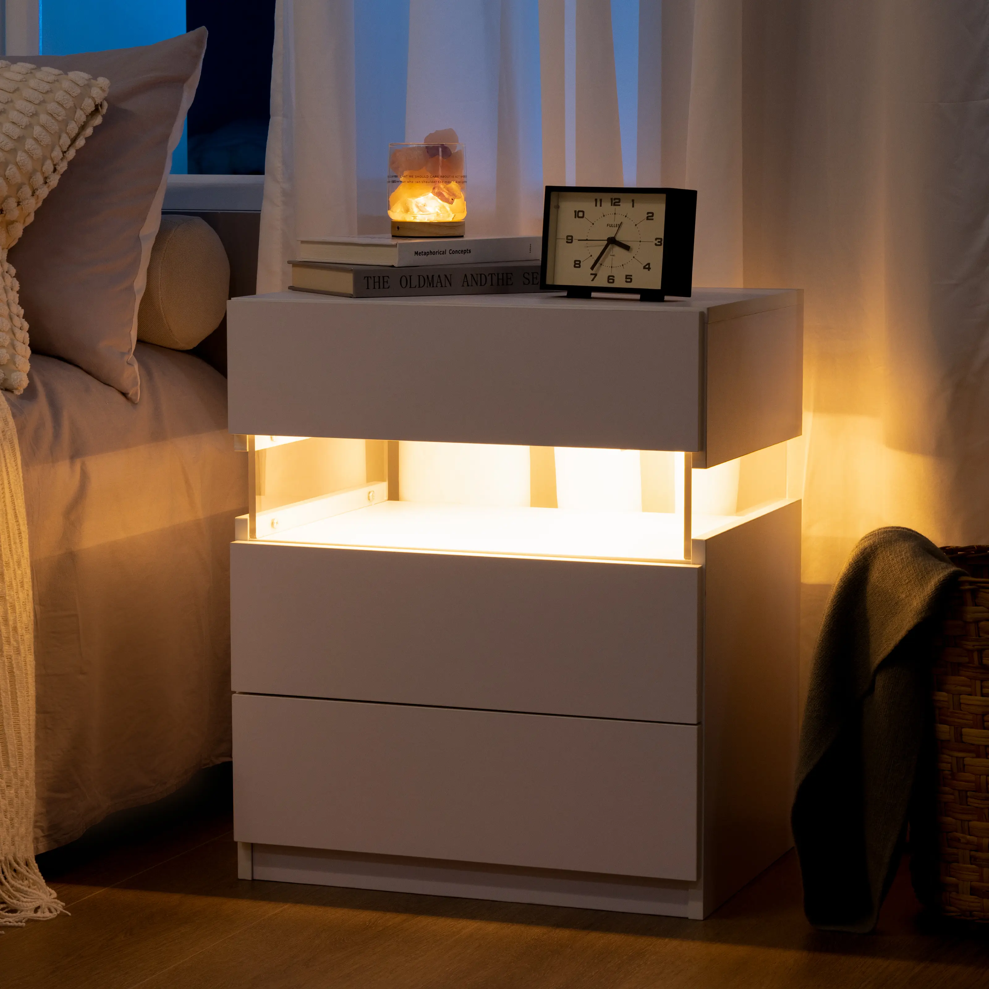 LED Nightstand Modern Nightstand with 3 Drawers LED Bedside Tables for Bedroom, Living Room