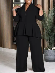 【Plus Size】 Two-Piece Set  Solid Zip Up Crop Jacket & Wide Leg Pants, Casual Fashion Cozy for Daily Outdoor Wear, Women Clothing for All Seasons, Suits