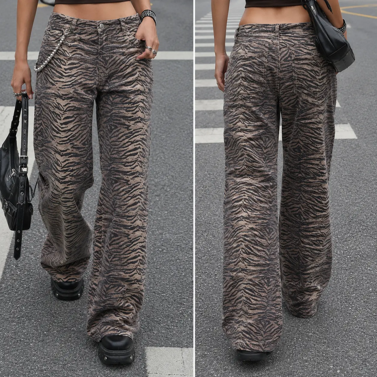 Women's Tiger Striped Low Rise Denim Pants - Baggy Wide Leg, 1990s Aesthetic, Bold Stripe Energy, Old School Cool, Waisted, Vintage, Pockets, Casual Polyester Denim Bottoms, 100% Brand New
