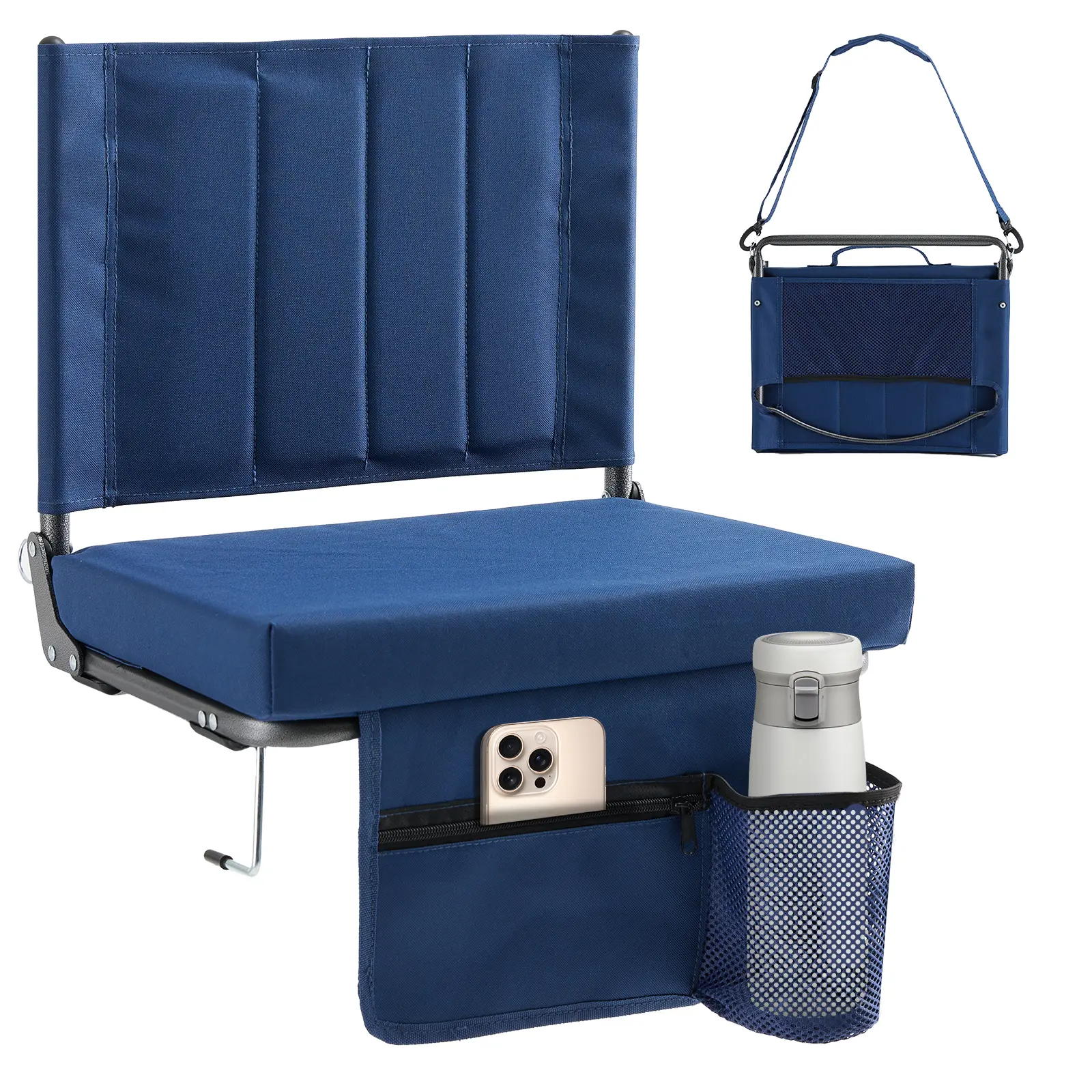 Stadium Seat with Backrest – 350lbs Heavy Duty Bleacher Chair, Thick Cushion with Cup Holders & Storage Pockets, Padded Shoulder Strap, Portable for Sports Events – Available as Single or 2-Pack