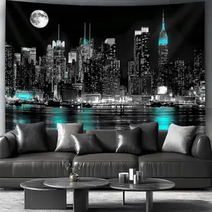 1pc- Ultra Large Size- Exquisite Urban Architecture Landscape Photo Huge Digital Printing Tapestry, Aesthetic High-Definition Printing Polyester- for Living Room Bedroom Party Decoration- with Free Hanging Clips Wall Decoration, Home Decor, Party Backdrop
