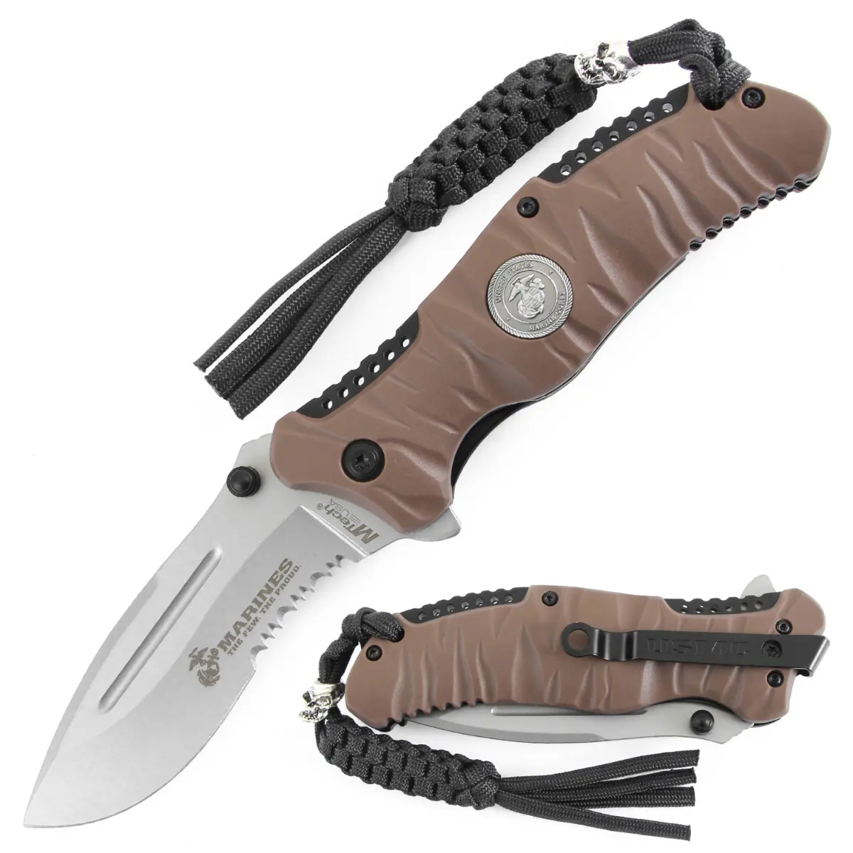 MTECH USA USMC Military Folding Pocket Knife 3.5" 4MM Blade Half Serrated, 5" Compact Handle USMC Medal Outdoor EDC Carry