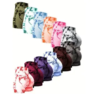 [12 Pcs Tie-Dye Fitness Shorts] 12 Pcs Tie-Dye Women's Fitness Shorts, Drawstring Waisted Hip Lifting High Waisted Yoga Fitness Seamless Buttless Biker Shorts, Women's Sportswear