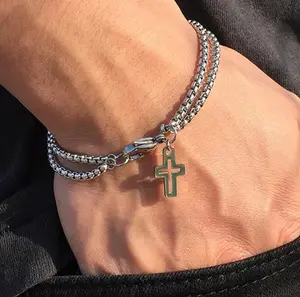 Gothic Stainless Steel Simple Chain Cross Bracelet Double Chain Trendy Stack Bangle High-End Matching Accessories Daily Wear Street Punk Goth Jewelry