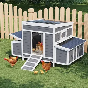 55" Inch Large Wooden Chicken Coop, Outdoor Wooden Chickens House with 6 Nesting Boxes, Large Chicken Coop Poultry Cage Rabbit Cage w/ Running Ramps, Window & Openable Roof Gray
