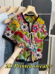 Women's khaki bohemian vacation short-sleeve knit top. Loose round neck, contrast floral print, front tie and contrast piping. Comfortable for spring & summer casual wear Knitted.