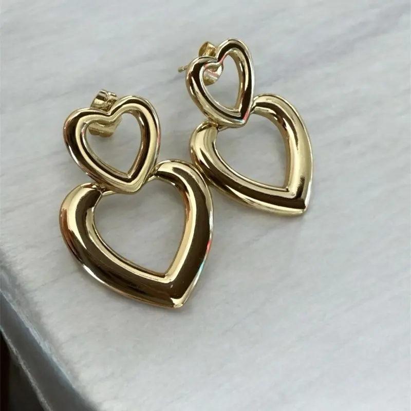 Flat Heart-Shaped Earrings - Gold Finish, Simple Design, Ideal for Everyday Wear Pretty Studs