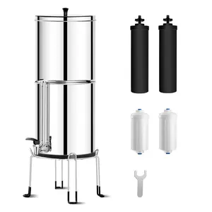 2.25G Gravity Water Filter System with Water Level Window - 3-Stage 0.01μm Ultra-Filtration Stainless Steel Countertop System, Reduces 99% Chlorine, Includes 2 Filters and Stand, PW-KS