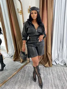 Women's PU Leather Hooded Jacket & Short Pants Set Suits, Casual Lady Fashion Outerwear Clothes, Two-Piece for Daily Wear Womenswear