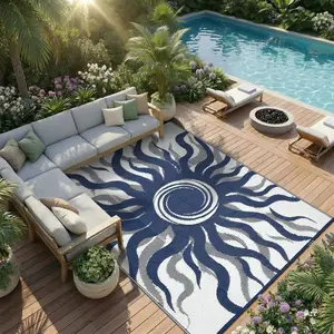 Bohemian Sun Pattern Outdoor Rug Double-Sided Reversible Plastic Straw Woven Washable Waterproof Foldable for Beaches RVs Balconies Patios Picnics absorbent rug