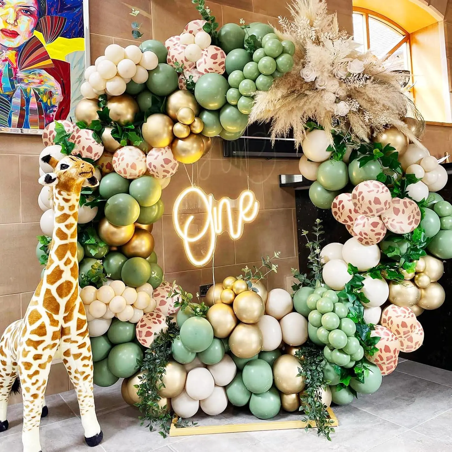 Safari Balloon Garland Kit Sage Green Gold White Sand And Jungle Giraffe Animal Print Balloons For Safari Themed Party Wild One Birthday,Boho Baby Shower Decorations