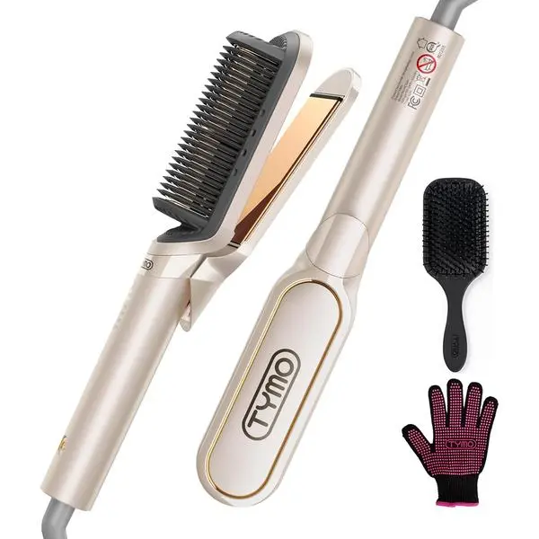 TYMO Flat Iron Hair Straightener Brush 2 in 1, 200M Ions Hair Straighteners for Women, Ceramic Straightening Hot Comb for Anti-Frizz Straights, Waves, Curl, 3X Less Heat Damage, Dual Voltage, Gold