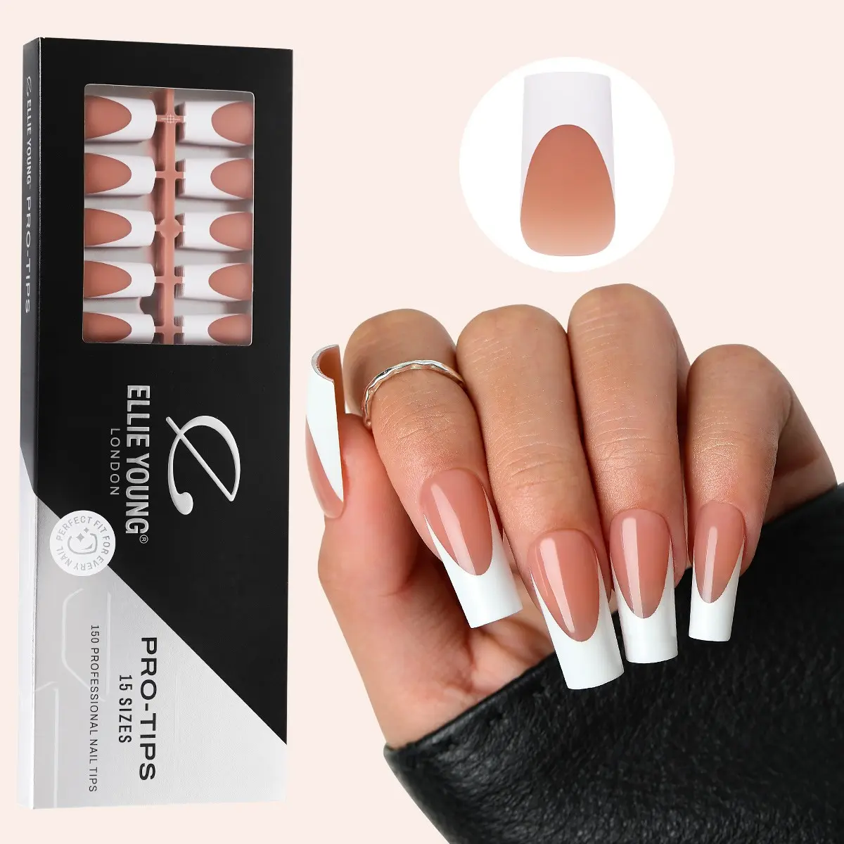 ELLIE YOUNG ProTips Long Square White French Tips with Brown Base, 150pc Press-On Nails Kit – 15 Sizes, Matte Gel Acrylic Look, Soft Gel DIY Extensions