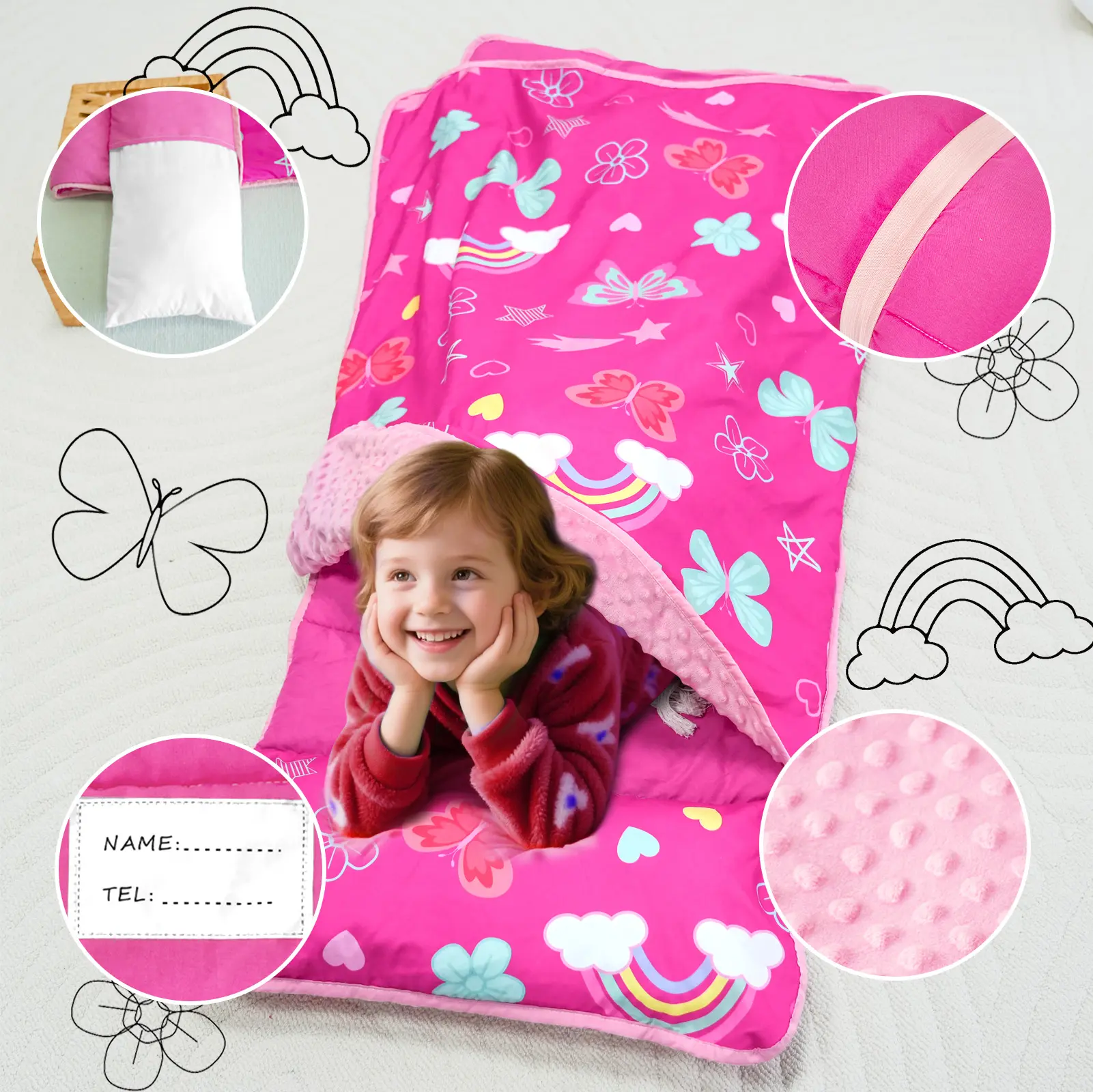 Primlect Toddler Nap Mat with Removable Pillow and Minky Blanket, Extra Large Sleeping Bag, Washable, Roll up, Perfect for Daycare, Preschool, Kindergarten  father's day gifts