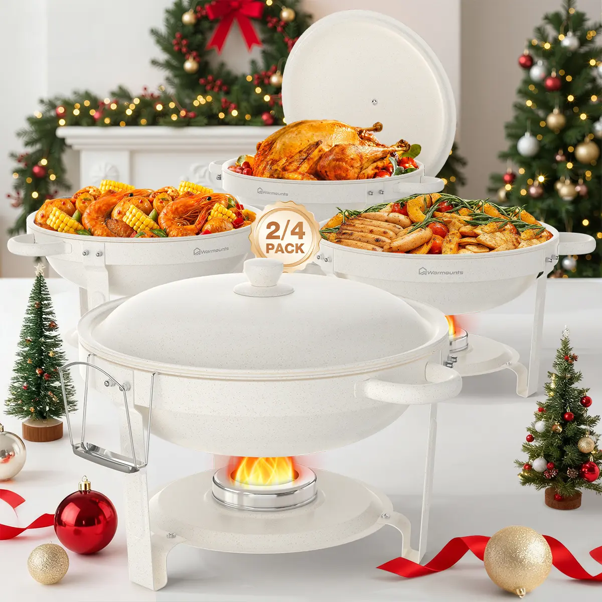 Dealsforyoudays WARMOUNTS 5QT Capacity Chafing Dishes (2-Pack/4-Pack) - Maifanite-Coated Stackable Buffet Warmers, Stainless Steel/Glass Lid, Cooking Tools with Water Pan Temp Hold, Lid Stays Elevated, Hygienic Cool/Warm Hold for Parties, Catering