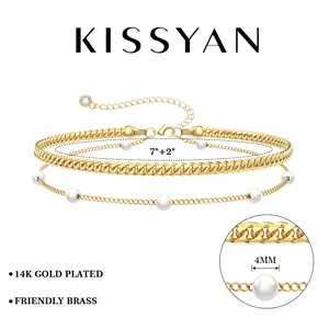 KISSYAN Gold Bracelets for Women, Dainty 14K Gold Plated Layered Paperclip Tiny Pearl Cuban Link Chain Bracelet Set Adjustable Cute Jewelry Gift
