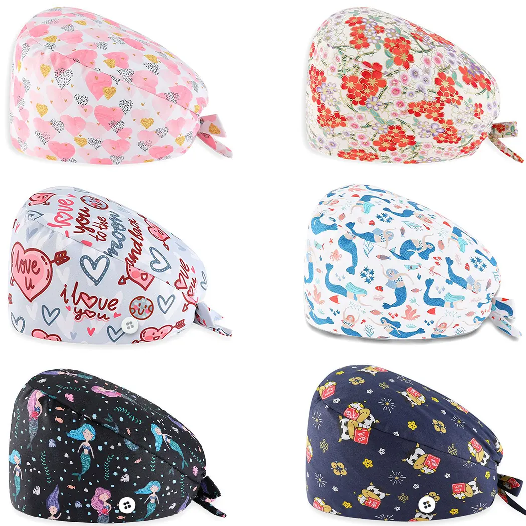 6 Pcs Women's Scrub Caps with Floral Patterns, Professional Head Coverings for Daily Nursing Work, Hair Bonnet, Fashion, Cute, Adjustable, Polyester, Nurse Hats, Pattern Scrub Cap Hats, Elastic, Easy Machine Wash