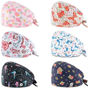 6 Pcs Adjustable Scrub Caps with Cute Printed Patterns Elastic Button Closure Machine Washable Polyester Nurse Chef Hats Professional Vibrant Headwear