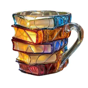 Painted Book Mug, Unique Colorful Resin Stacked Books Coffee Cup, Collectible Gift for Readers, Librarians, Literature Lovers