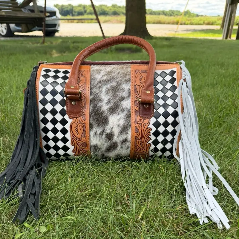 Genuine hand tooled & painted leather and cowhide MEDIUM SOFT SHELL speedy bag- black and white checkered with tooling and fringe