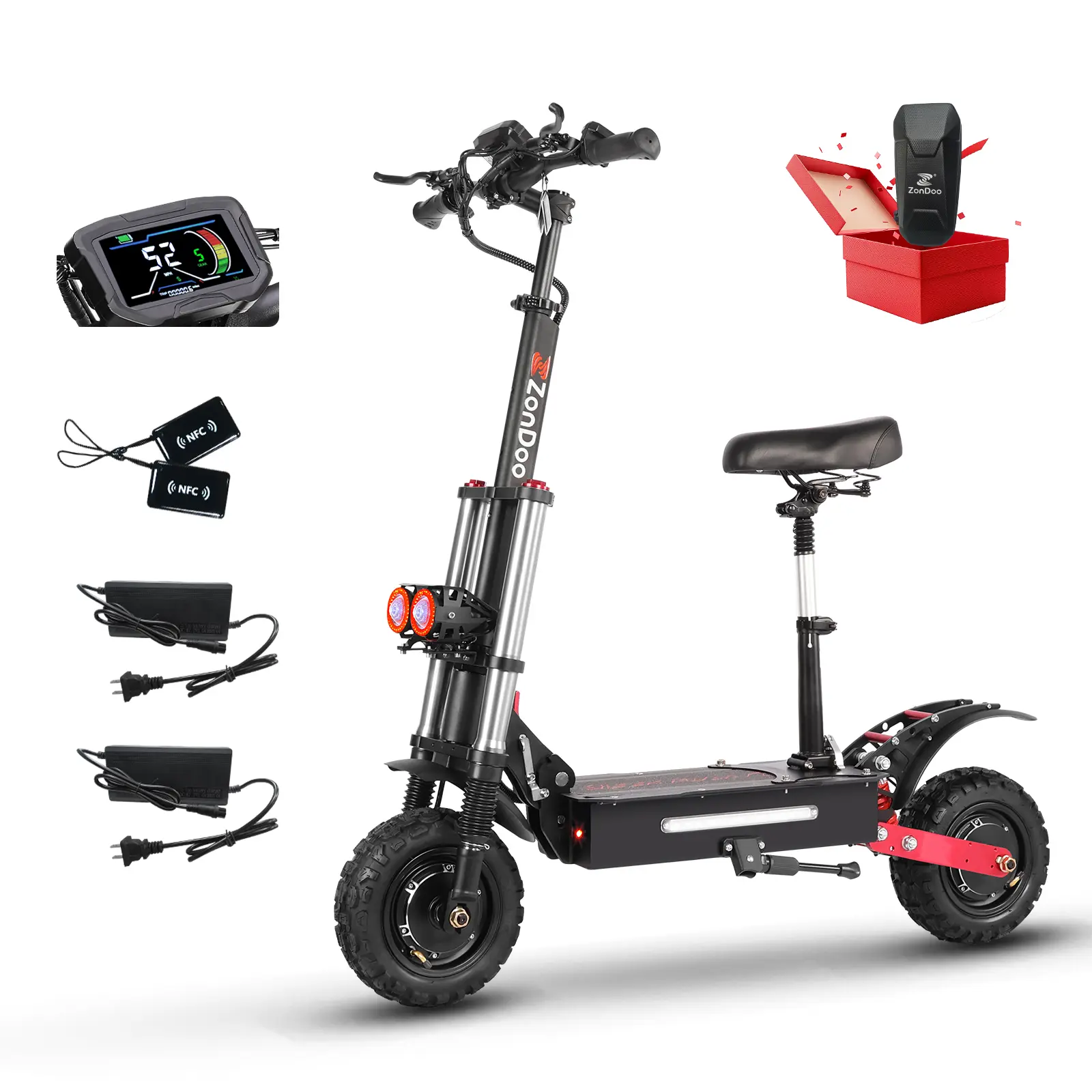 ZonDoo Foldable Off-Road Electric Scooter for Adults with Seat, 5600W Dual Motor & 60V 28AH Battery, 45 MPH, 50 mi Range, Aluminum Frame, 11-in All-Terrain Tires, Dual Hydraulic Brakes, Angel Eyes, 360° Brilliant Light System, Multifunctional, Off-Road Ri