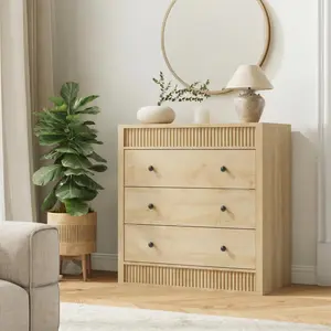 Natural Oak 31.5" Wide Nightstand with 3 Drawers, Fluted Bedside Table with Storage, Modern Wooden End Table for Bedroom
