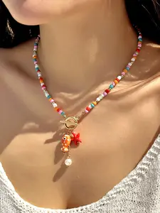 Boho Colorful Beaded Fish Pendant Necklace, Simple Fashion Lockbone Chain, Perfect for Parties and Vacations, Boho Style Jewelry, Trendy Jewelry, Fashion Accessory Necklace