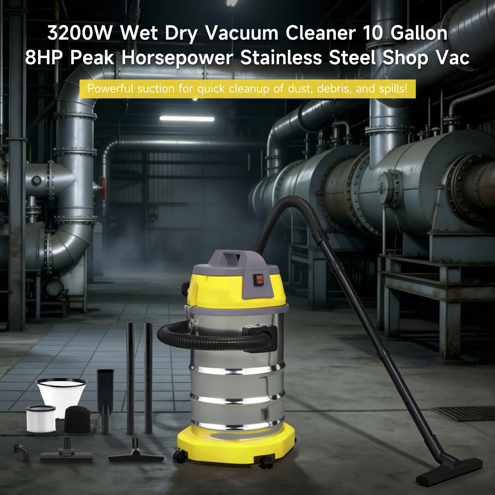 Portable 10 Gallon Large Capacity Canister Vacuum Cleaner, Bucket-Type Wet-Dry Blast Vacuum, Stainless Steel Shop Vac for Garage, Workshop, Car Detailing & Home Use, 3200W 8 Peak HP