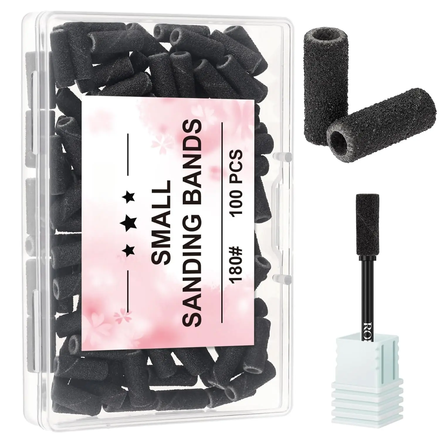 100-Count Small 180&240 Grit Smooth Sanding Bands Nail Care Set with 3.1mm/3/32'' Mandrel Drill Bits, Travel-Size for Adult Gel Removal, Polish Shaping, Professional Manicures (Black)