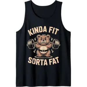 Funny Gym Bear Tank Top, Kinda Fit Sorta Fat Weightlifter Sleeveless Shirt, Cute Workout Humor Graphic Tank, Retro Fitness Parody Sleeveless Tank, Classic Gym Motivation Tank Top