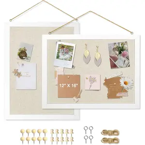 2-Pack Double-Sided Cork Board with Linen, 16" x 12" Hanging Wood Framed Bulletin Board, Picture Display Vision Board Kit for Wall School Office Decor, 20 Pushpins (Vintage White)