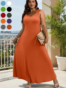 Elegant Plus Size Women's Solid Color Sleeveless Vest Dress, Vacation Style Slimming Bodycon Dress, Casual Daily Everyday Wear Womenswear