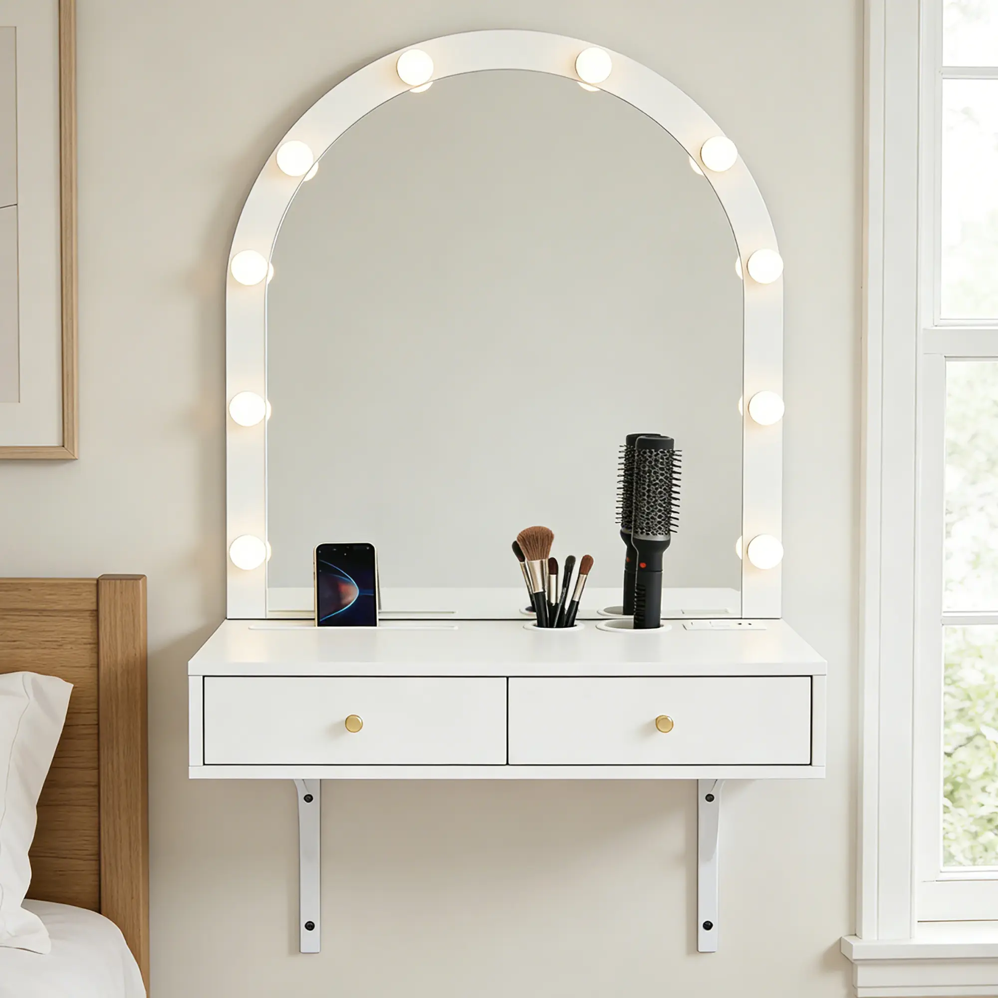 XUAN Modern Engineered Wood Wall Mounted Floating Vanity Desk - Vanity Aesthetic Makeup Table with Easy Setup, 3-Color Illuminated Mirror, 3-in-1 Lighting, Customizable Height, Power Outlet, Large Stainless Steel Storage Rack for Bathrooms, Small Rooms